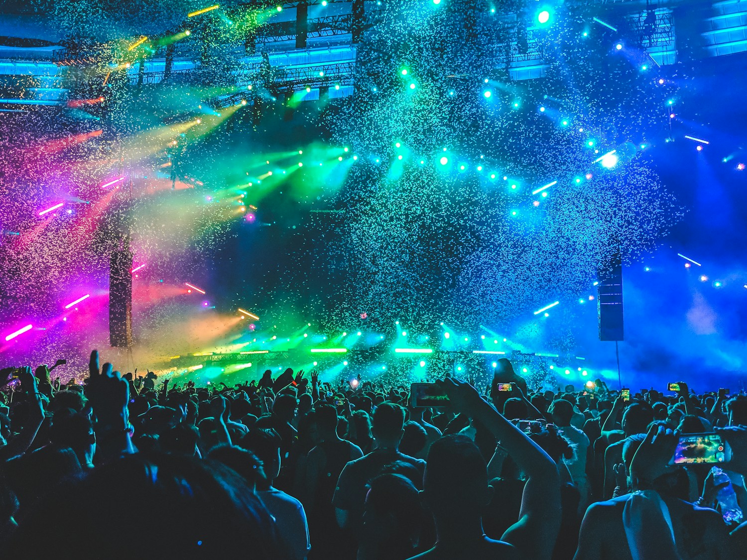 Real club lighting, beams, crowd, and haze